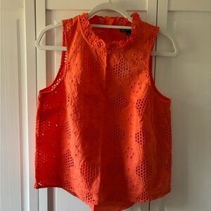 NWT J. Crew Fleur Eyelet Sleeveless Ruffle neck blouse, orange, size S